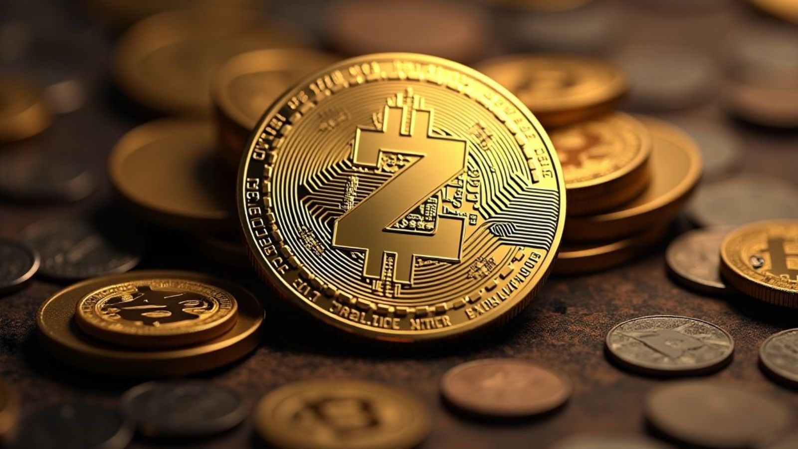 A golden coin with the cryptocurrency symbol, featuring the letter “Z” crossed by two vertical lines in the center.