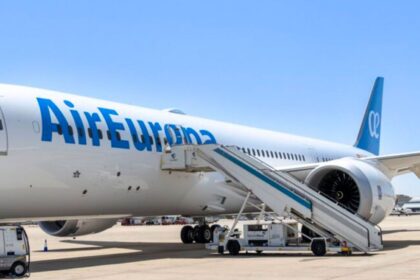 An Air Europa aircraft at an airport welcoming passengers on board