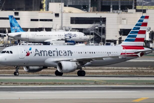 An American Airlines aircraft taxiing toward the runway at a slow speed before takeoff