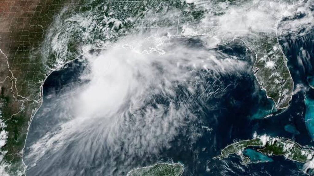 A panoramic image of the storm from space, showing the powerful system approaching the United States