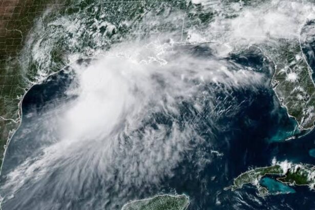 A panoramic image of the storm from space, showing the powerful system approaching the United States