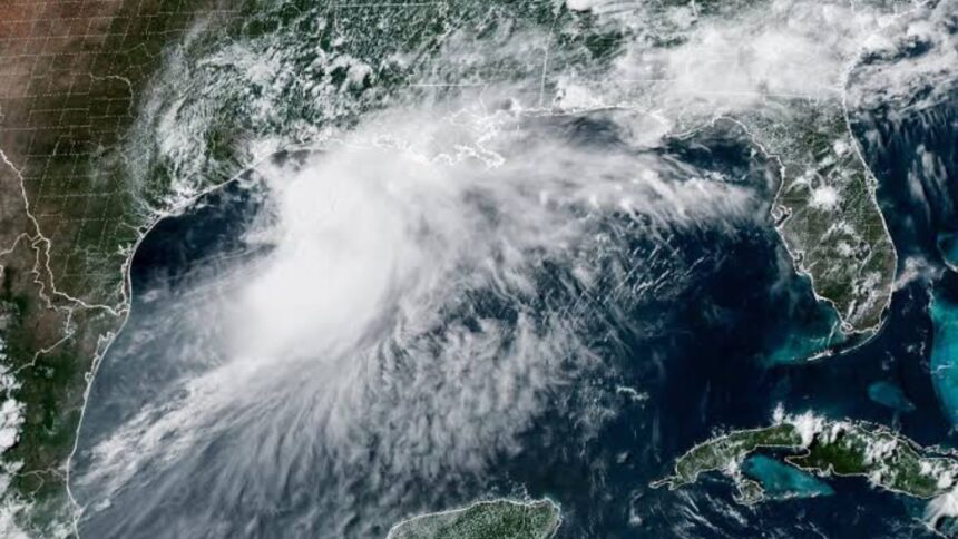 A panoramic image of the storm from space, showing the powerful system approaching the United States