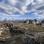 A city completely devastated after the passage of several tornadoes that swept through the Midwest