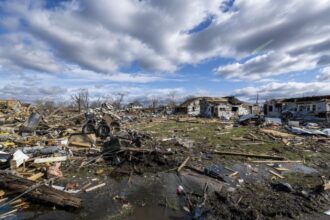 A city completely devastated after the passage of several tornadoes that swept through the Midwest