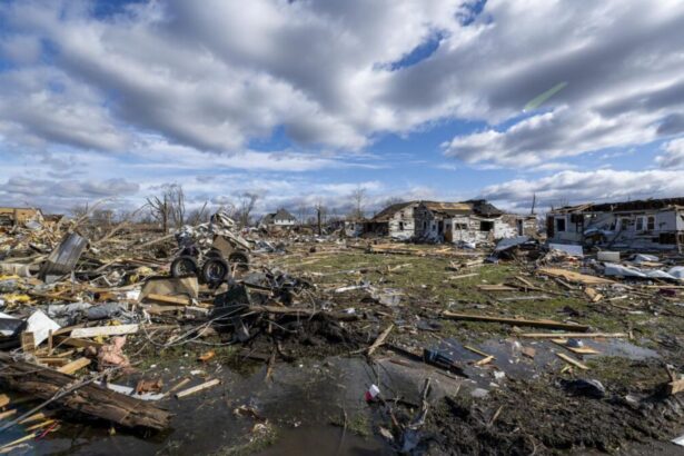A city completely devastated after the passage of several tornadoes that swept through the Midwest