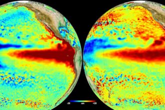 Two images of planet Earth showing rising temperatures and climate changes across the globe
