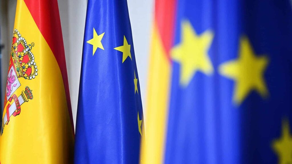 Flags of the European Union and several nations of the Old Continent waving in the wind