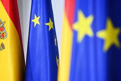 Flags of the European Union and several nations of the Old Continent waving in the wind