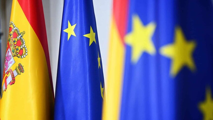 Flags of the European Union and several nations of the Old Continent waving in the wind