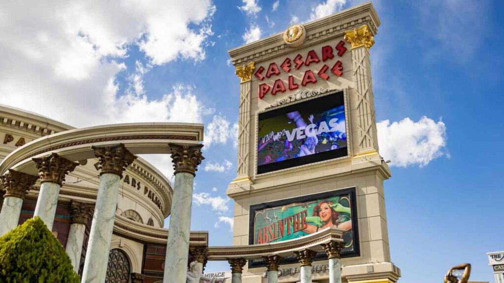 A panoramic image of the giant sign of the luxurious and eye-catching Caesars Palace hotel in Las Vegas
