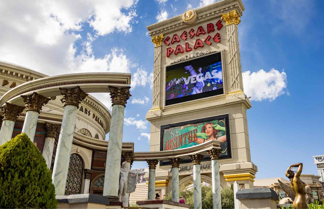 A panoramic image of the giant sign of the luxurious and eye-catching Caesars Palace hotel in Las Vegas
