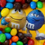 The typical logo of the candy company surrounded by many of its own products