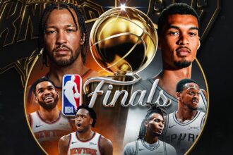 An NBA Finals poster featuring several of the stars set to face off against each other