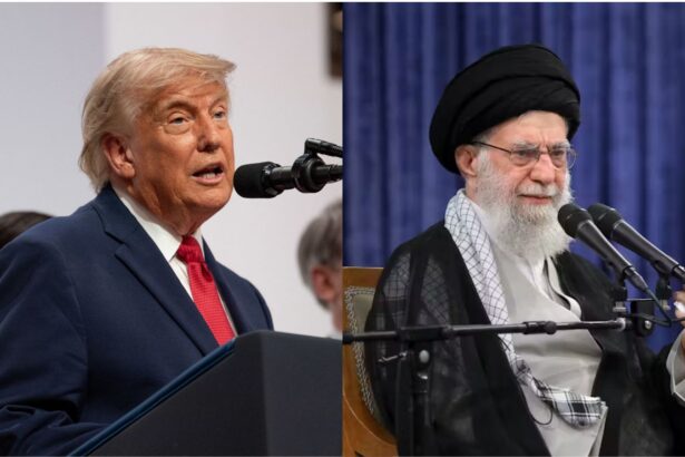 The two top officials from both countries seated at a podium, preparing to speak into microphones