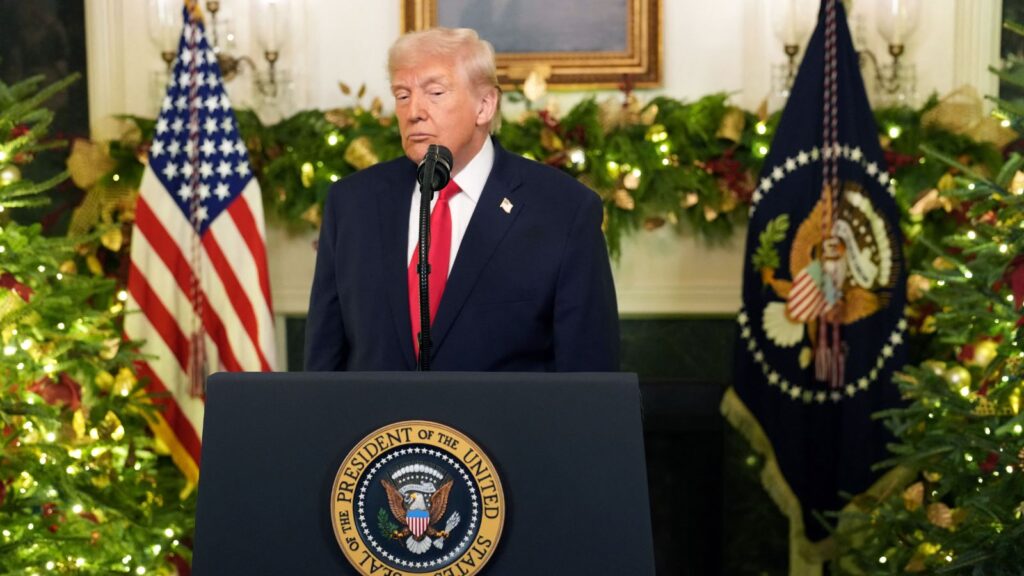 Trump speaking in public while wearing an elegant suit and a very serious expression
