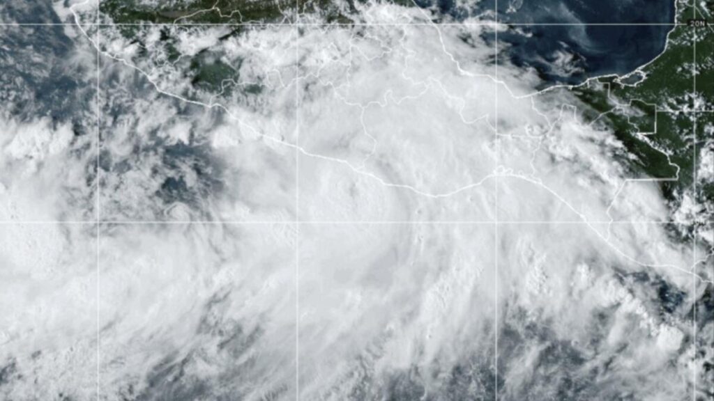 A satellite view of a storm approaching the coast of Mexico