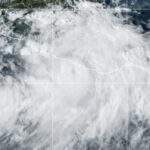 A satellite view of a storm approaching the coast of Mexico