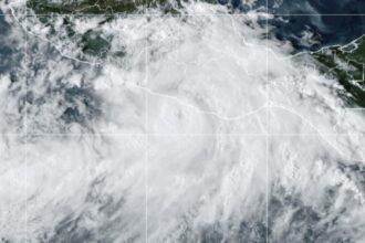 A satellite view of a storm approaching the coast of Mexico