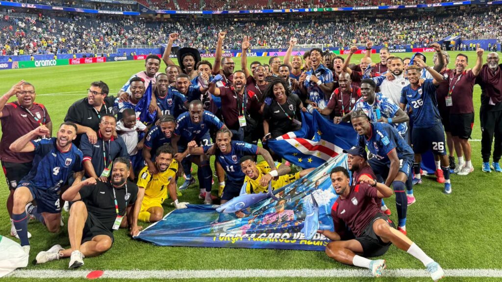 The Cape Verde national team posing for the camera after advancing past a crucial round of the 2026 FIFA World Cup