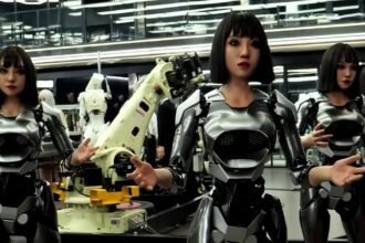 A row of humanoid robots with female faces and hands