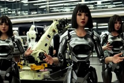 A row of humanoid robots with female faces and hands