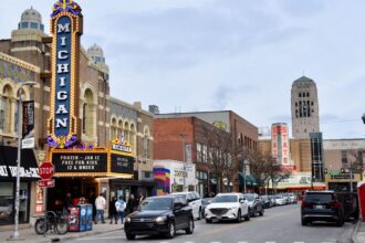 A panoramic photo of a street in Michigan, United States