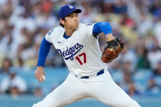 The Japanese superstar standing on the mound, ready to deliver a spectacular pitch.