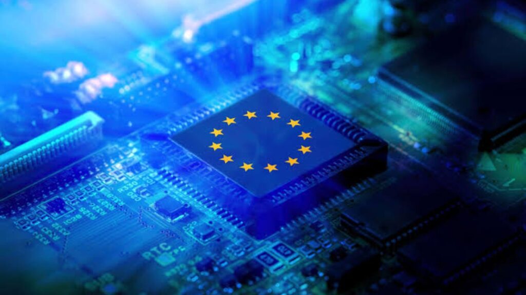 Europe invests billions of dollars to lead the global artificial intelligence race A small chip mounted on a motherboard featuring the flag of the European Union