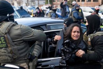 Several ICE agents attempting to place a woman into a vehicle as she cries and struggles to avoid being taken away