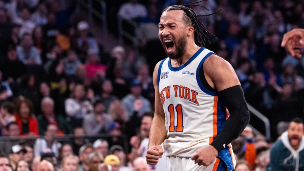Jalen Brunson's jersey breaks records, sells for more than $1 Million in historic auction Jalen celebrating euphorically after a victory in the NBA Finals
