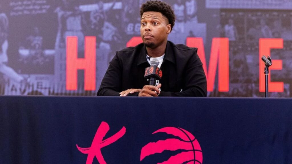Kyle Lowry retires and says goodbye as a Toronto Raptors legend The newly retired basketball player sitting in front of numerous news reporters, smiling and chatting with them