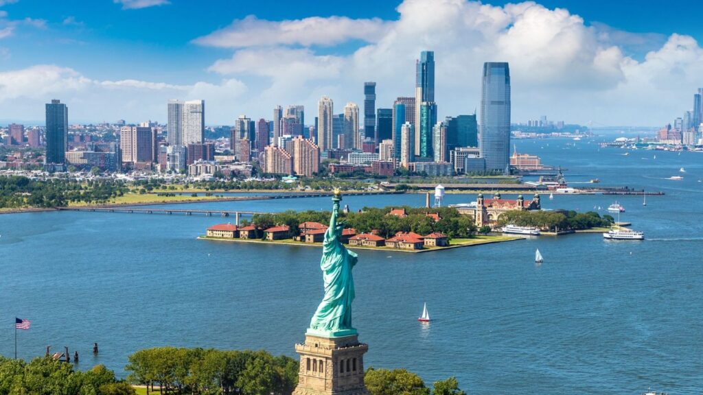 A panoramic view of New York City featuring the Eiffel Tower