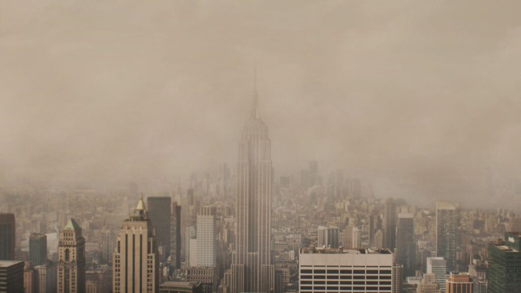 New York's air quality raises health alarms A panoramic photograph of New York City covered by pollution so dense that it blocks out the sunlight