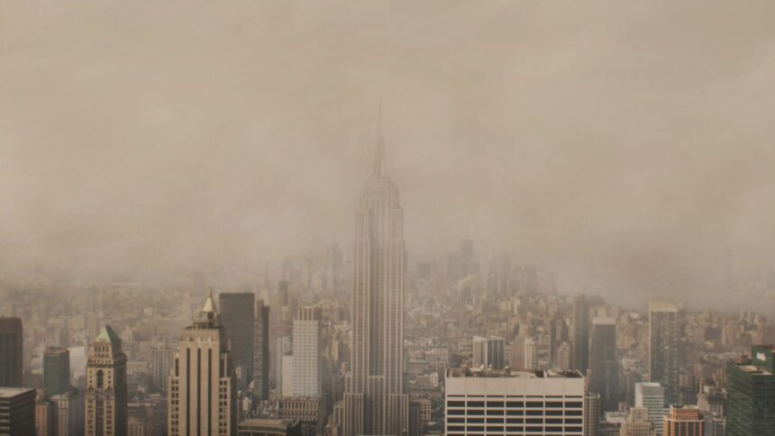 New York's air quality raises health alarms A panoramic photograph of New York City covered by pollution so dense that it blocks out the sunlight