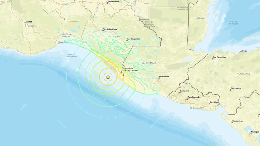 A world map highlighting the location off the coast of Mexico where the earthquake struck