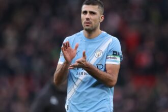 The Spanish player applauding the fans after a victory with his club, Manchester City
