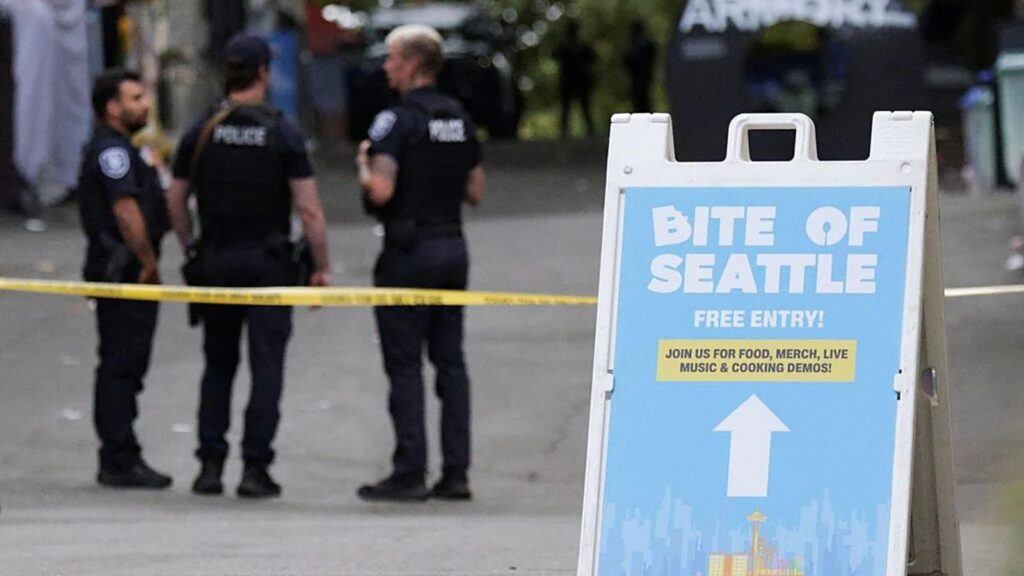 A section of Seattle Center cordoned off with 'Danger' tape while police officers secure the area