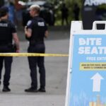 A section of Seattle Center cordoned off with 'Danger' tape while police officers secure the area