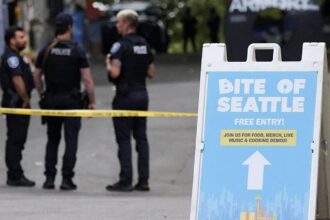 A section of Seattle Center cordoned off with 'Danger' tape while police officers secure the area