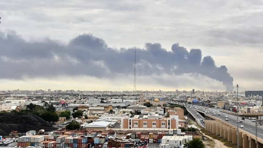A Kuwaiti city engulfed in smoke in the aftermath of a missile attack