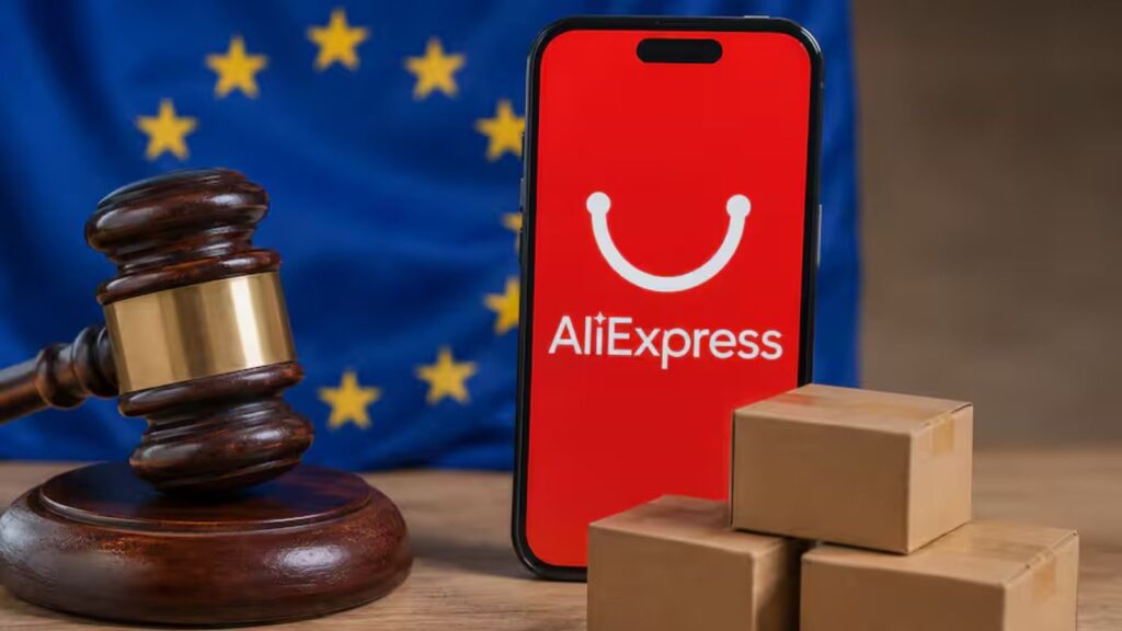 The European Union hits AliExpress with a massive €550 million fine A smartphone displaying the AliExpress app, with the European Union flag and a judge's gavel in the background