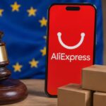 The European Union hits AliExpress with a massive €550 million fine A smartphone displaying the AliExpress app, with the European Union flag and a judge's gavel in the background