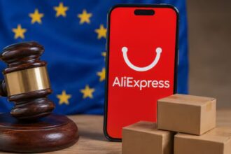 A smartphone displaying the AliExpress app, with the European Union flag and a judge's gavel in the background