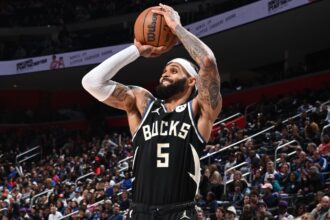 "The veteran NBA shooter preparing to sink a long-range three-pointer