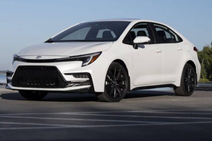 The new and most modern Toyota Corolla parked in a beautiful landscape for a photo shoot