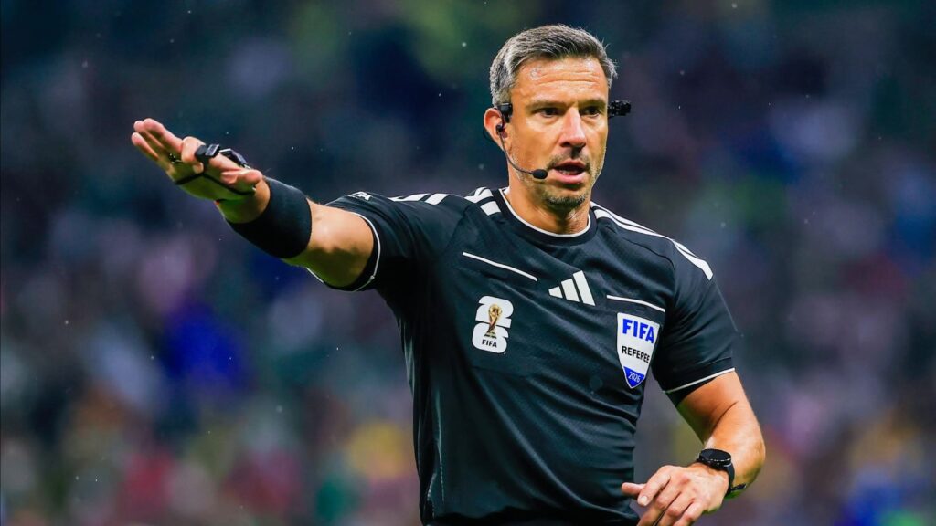 The Slovenian referee blowing the final whistle of the FIFA World Cup final