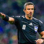 The Slovenian referee blowing the final whistle of the FIFA World Cup final