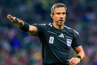 The Slovenian referee blowing the final whistle of the FIFA World Cup final