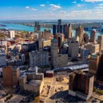 An incredible panoramic view of the city of Detroit, featuring its beautiful buildings and homes