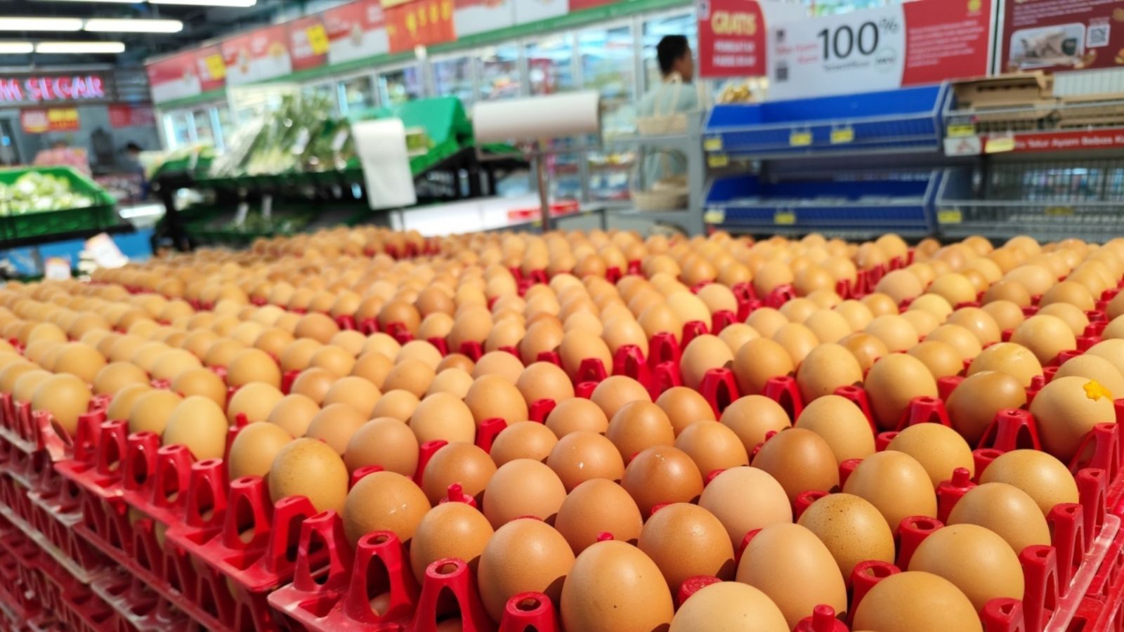 Several large cartons of eggs stacked on a pallet inside a supermarket